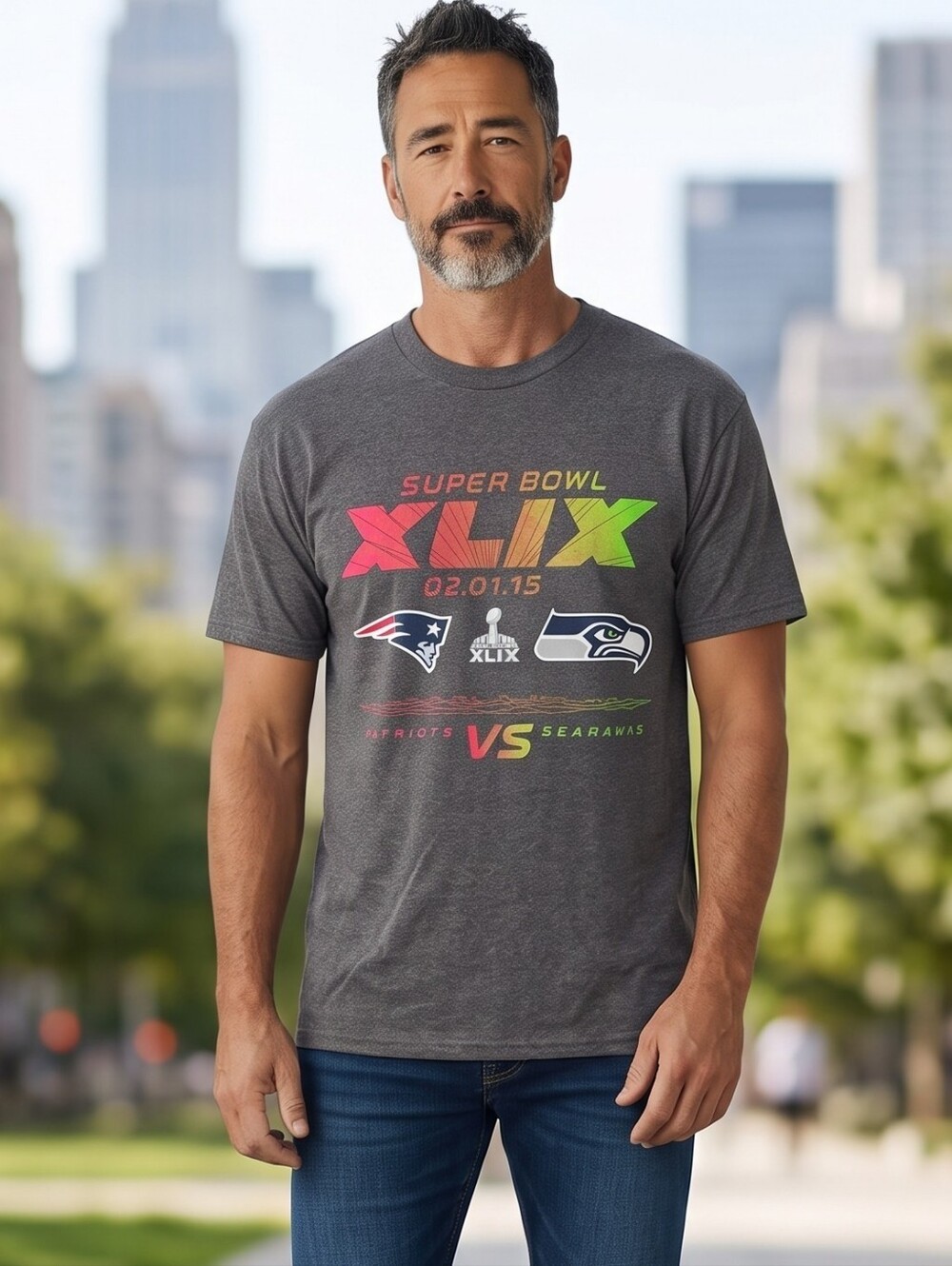 NFL Super Bowl XLIX 02.01.15 New England Patriots vs Seattle Seahawks Gray Tee